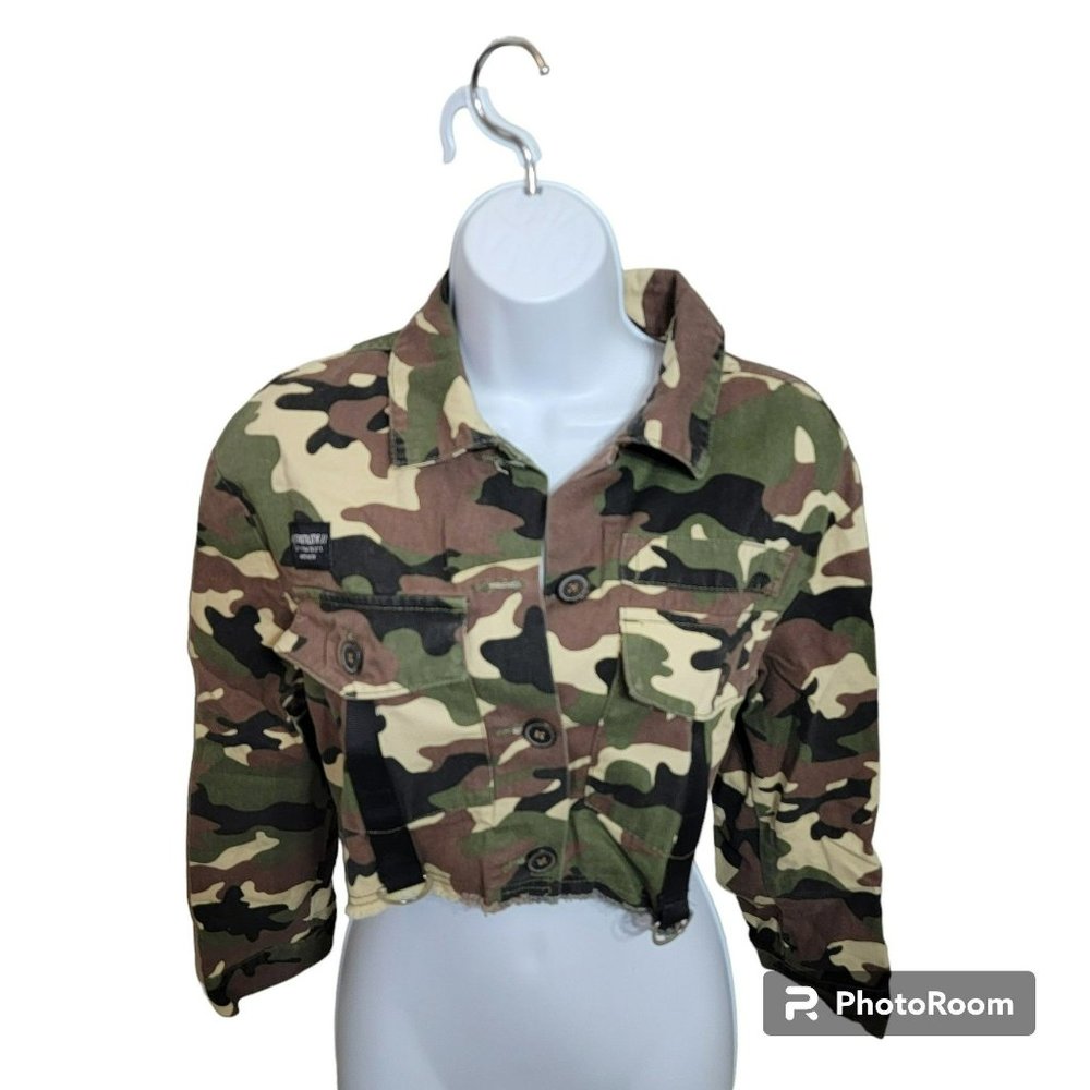 Bershka Jacket, Women S, Green & Brown Camo Print, Cropped, Pockets, Straps, EUC